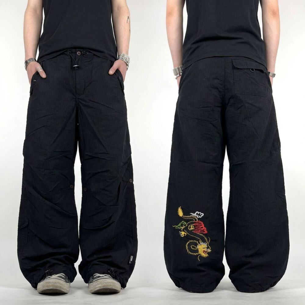 Vintage y2k grunge faded black embroidered skater baggy wide leg pants